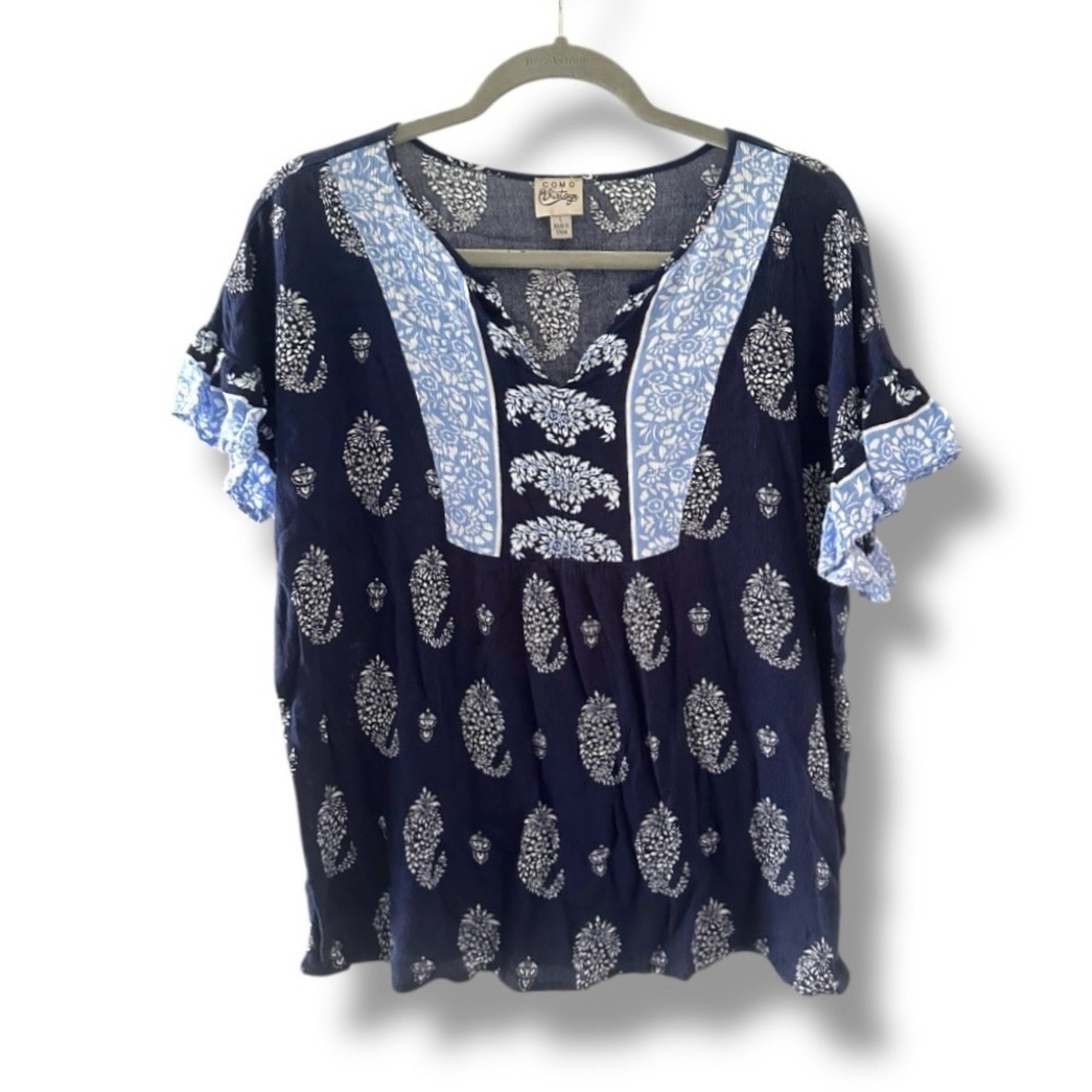 Como Vintage Navy Blue Boho Ruffle Sleeve V-Neck Blouse Women’s Size Large Hippy